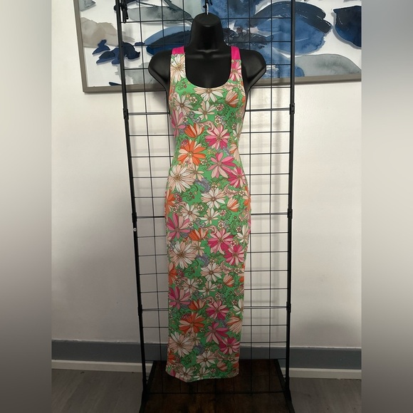 Green Floral Cut Out Pink Self Tie Back Closure Midi Dress - Picture 15 of 17